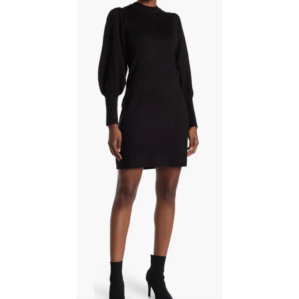VINCE CAMUTO Crew Neck Puff Sleeve Sweater Dress In Black Size Medium